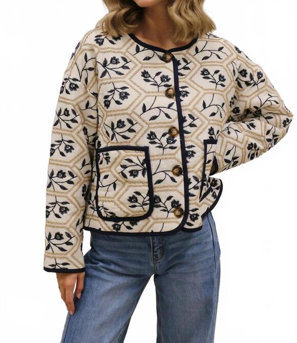 ENTRO Jackets & Blazers - NEW ENTRO portman quilted embroidered floral jacket in cream navy